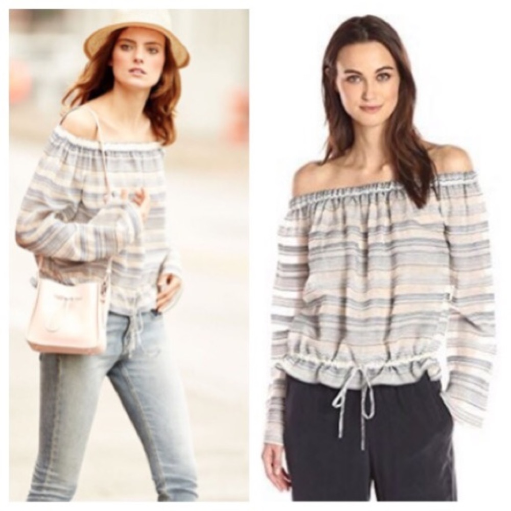 Theory Off-Shoulder Striped Long Sleeve Top in Light Blue and Cream